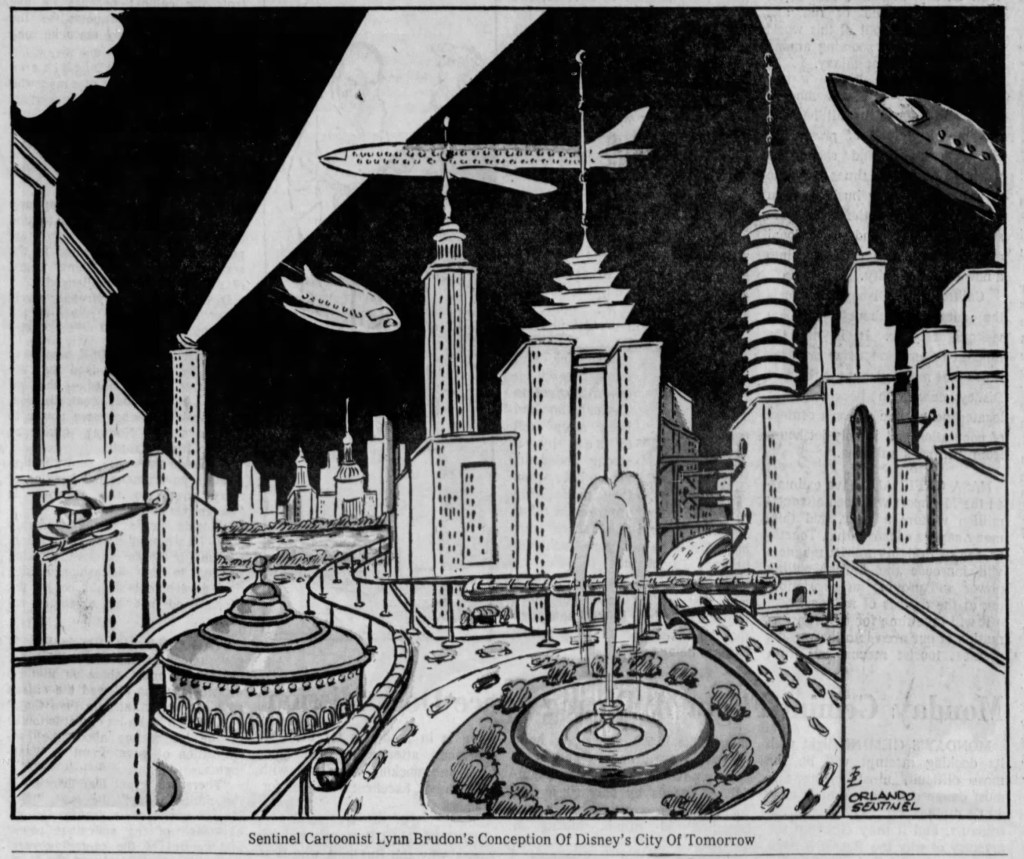 Orlando Sentinel artist’s conception of Disney’s City of Tomorrow, published October 24, 1965