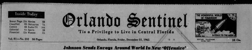 Orlando Sentinel masthead, December 31, 1965