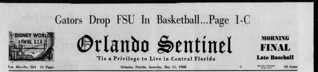 Orlando Sentinel masthead, May 11, 1968