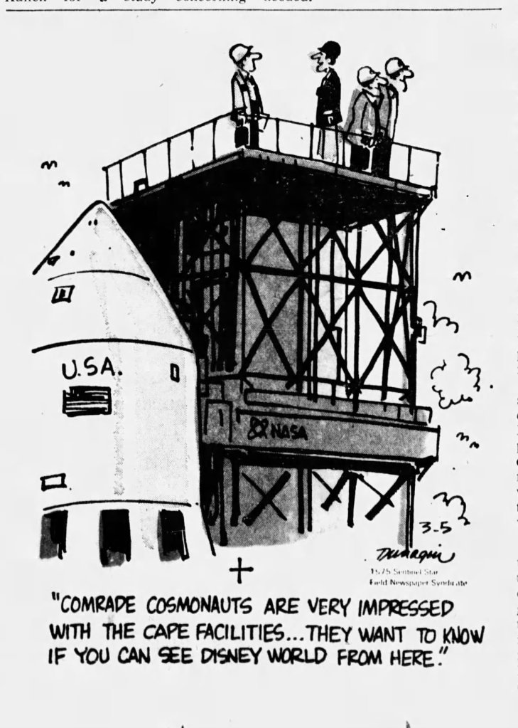 Editorial cartoon comparing Apollo-Soyuz Test Project to the experience of Space Mountain, Orlando Sentinel, March 5, 1975