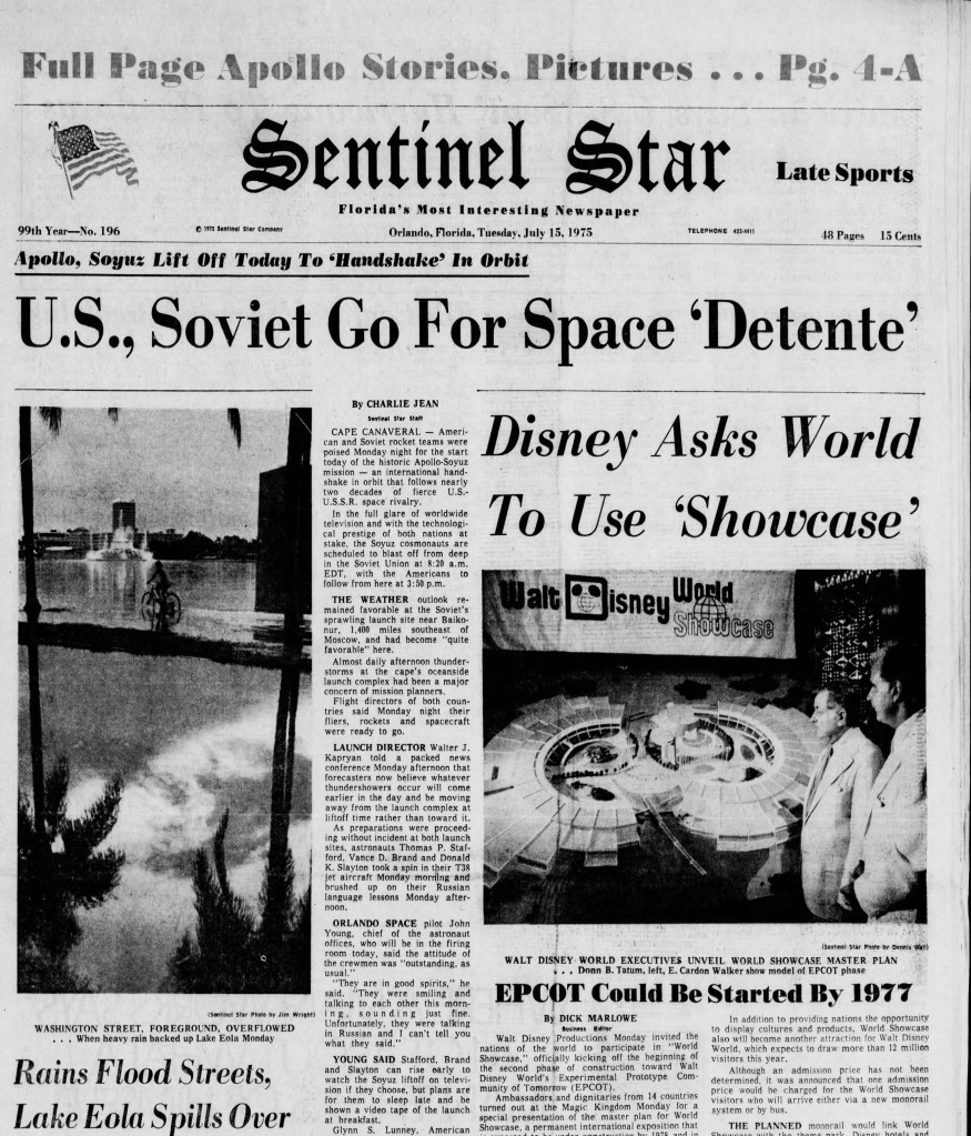 July 15, 1975 cover of the Orlando Sentinel Star featuring the launch of the Apollo-Soyuz Test Project and the unveiling of World Showcase